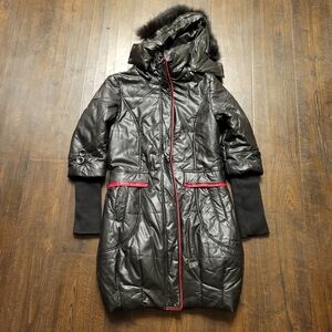 Moncler Black Faux Leather Jacket Parka Coat DAMAGED